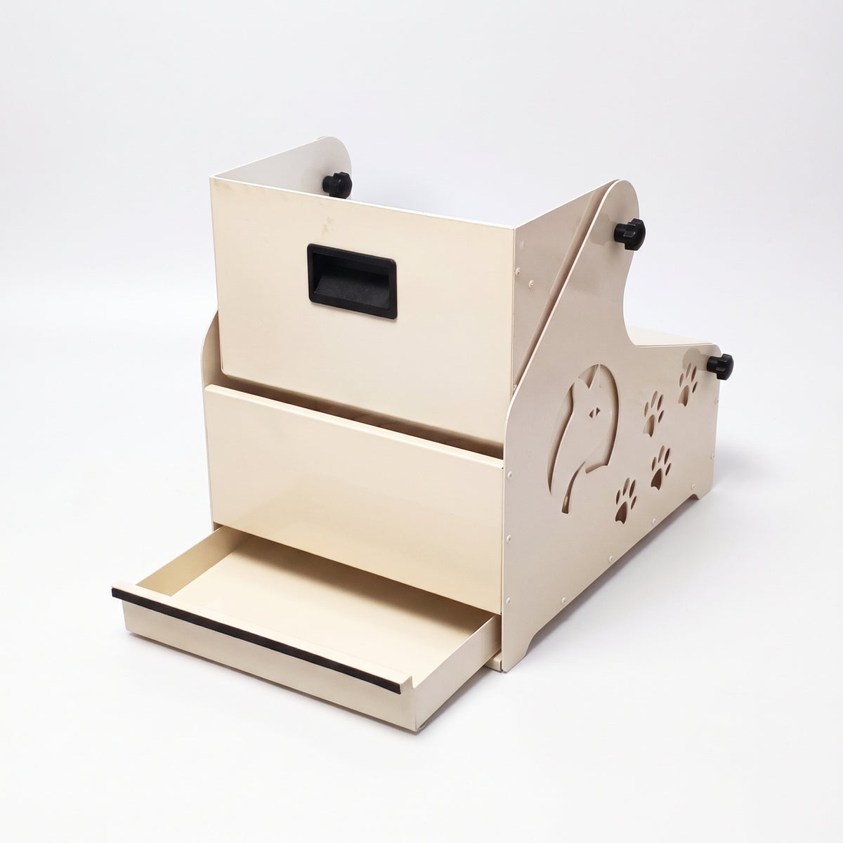 Kitty Box kedi tuvaleti arkadan görünüm, alt atık çekmecesi açık, siyah taşıma kolu