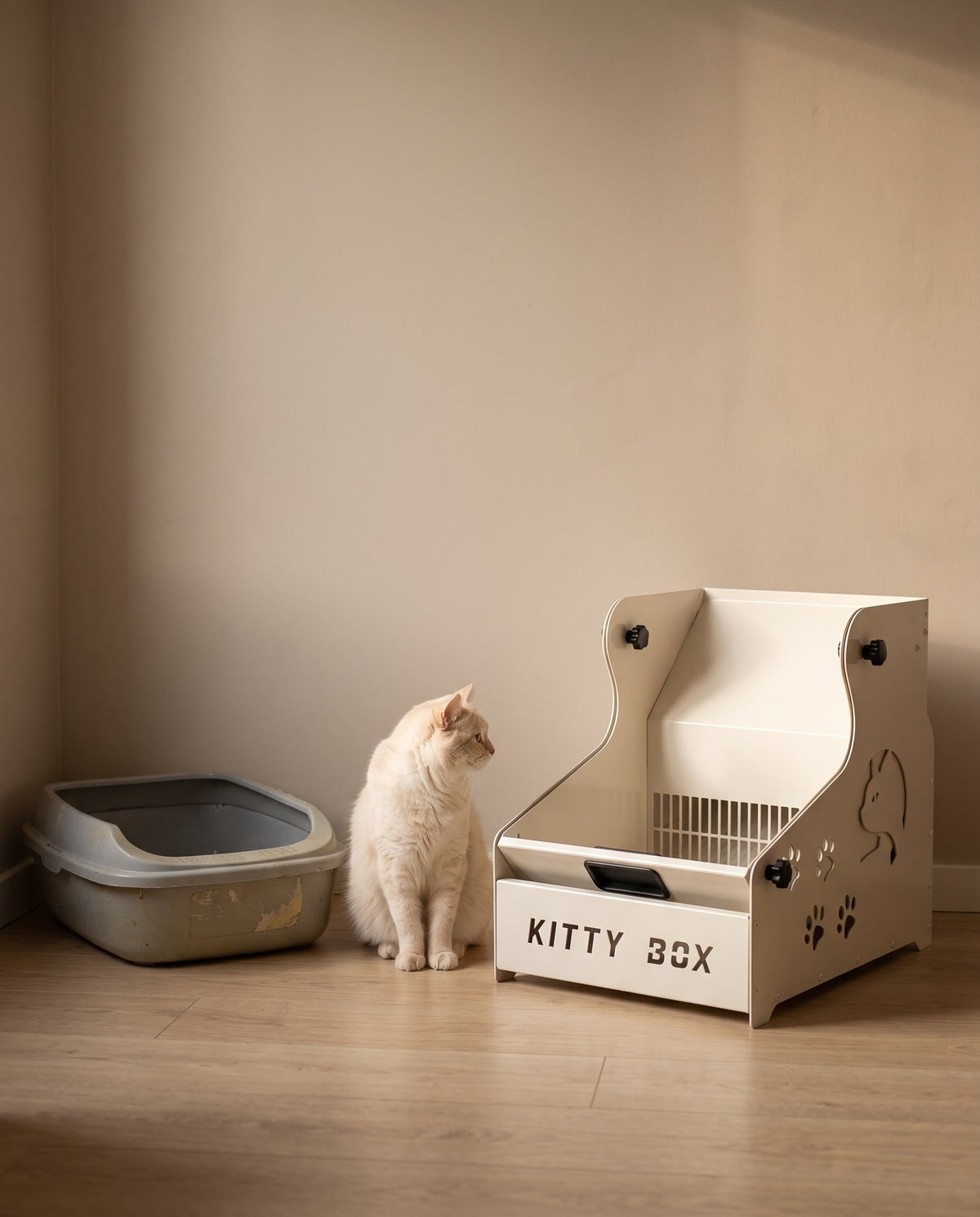 Beyaz kedi, eski plastik kedi tuvaleti yerine Kitty Box metal kedi tuvaletini seçiyor; boyut karşılaştırması