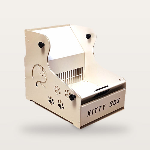 Kitty Box metal kedi tuvaleti, krem beyaz, önden çapraz görünüm, döner elek ve KITTY BOX yazılı atık çekmecesi